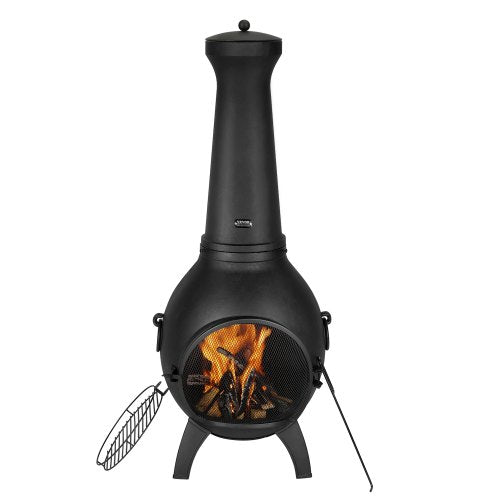 Chiminea, 22 tums vedeldad eldstad för utomhusbruk, sfärisk öppen spis för grillning och uppvärmning, eldstad i aluminium med grillnät, skorstensbeläggning och rostfritt skorstenslock, för uteplats/trädgård/bakgård