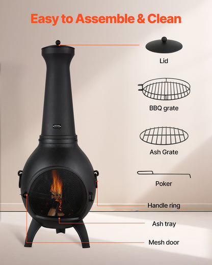 Chiminea, 22 Inch Outdoor Wood Burning Firepit, Spherical Fireplace for BBQ & Warming, Aluminum Wooden Fire Pit with Grill Mesh, Chimney Coat & Rustproof Chiminea Lid, for Patio/Garden/Backyard