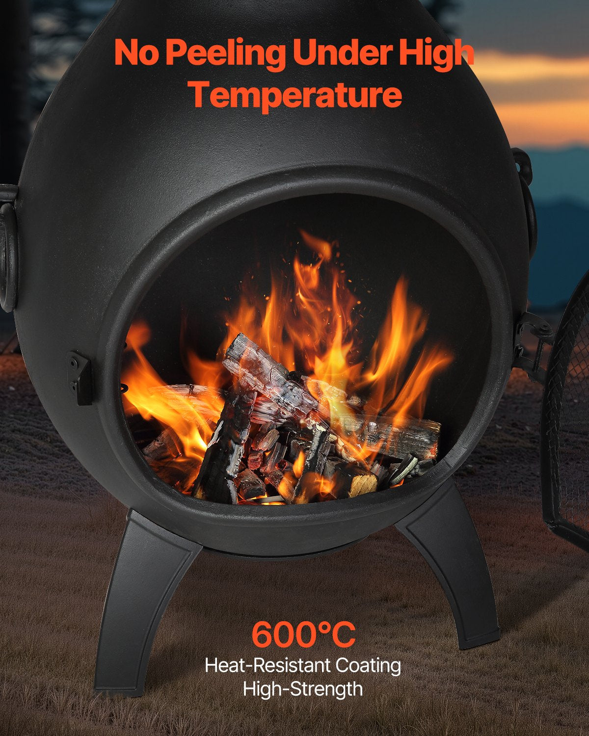 Chiminea, 22 tums vedeldad eldstad för utomhusbruk, sfärisk öppen spis för grillning och uppvärmning, eldstad i aluminium med grillnät, skorstensbeläggning och rostfritt skorstenslock, för uteplats/trädgård/bakgård
