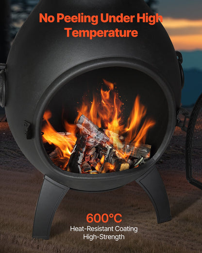 Chiminea, 22 tums vedeldad eldstad för utomhusbruk, sfärisk öppen spis för grillning och uppvärmning, eldstad i aluminium med grillnät, skorstensbeläggning och rostfritt skorstenslock, för uteplats/trädgård/bakgård