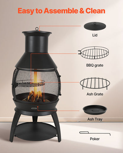 Chiminea, 22 Inch Outdoor Wood Burning Firepit, Iron Spherical Fireplace for BBQ & Warming, Wooden Fire Pit with Grill Mesh, Chimney Coat & Rustproof Chiminea Lid, for Patio, Garden, Backyard