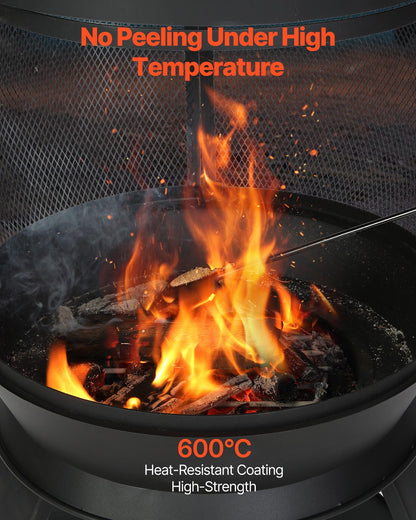 Chiminea, 22 tums vedeldad eldstad för utomhusbruk, sfärisk järneldstad för grillning och uppvärmning, eldstad i trä med grillnät, skorstensbeläggning och rostfritt skorstenslock, för uteplats, trädgård, bakgård