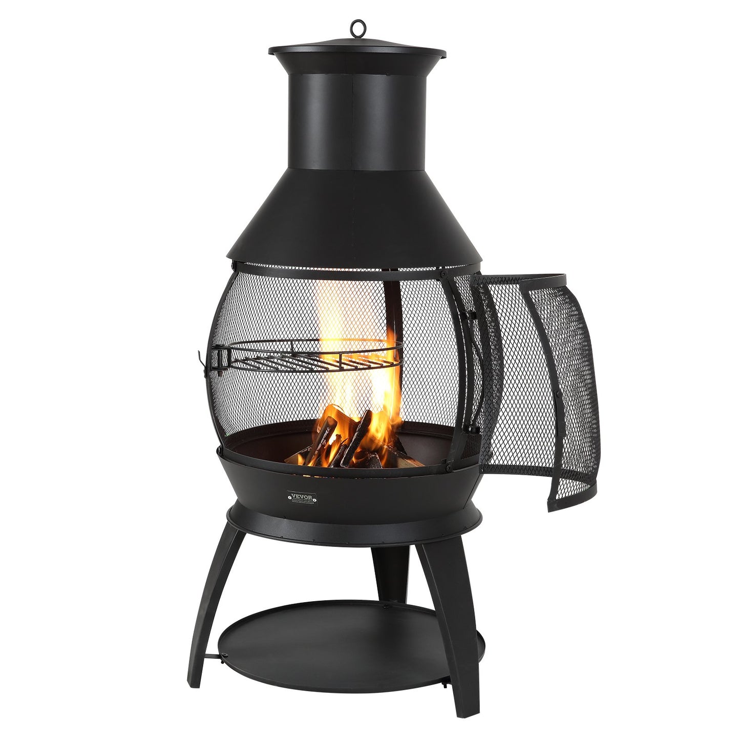 Chiminea, 22 Inch Outdoor Wood Burning Firepit, Iron Spherical Fireplace for BBQ & Warming, Wooden Fire Pit with Grill Mesh, Chimney Coat & Rustproof Chiminea Lid, for Patio, Garden, Backyard