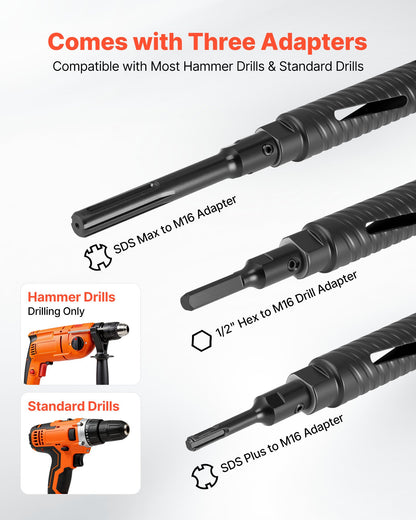 Core Drill Bit, 38 mm Diameter, 241 mm Drilling Depth, M16 Internal Thread, Diamond Dry Coring Bit with 3 Adapters, Pilot Drill and Hex Wrench, for Reinforced Concrete, Red Bricks, and Masonry