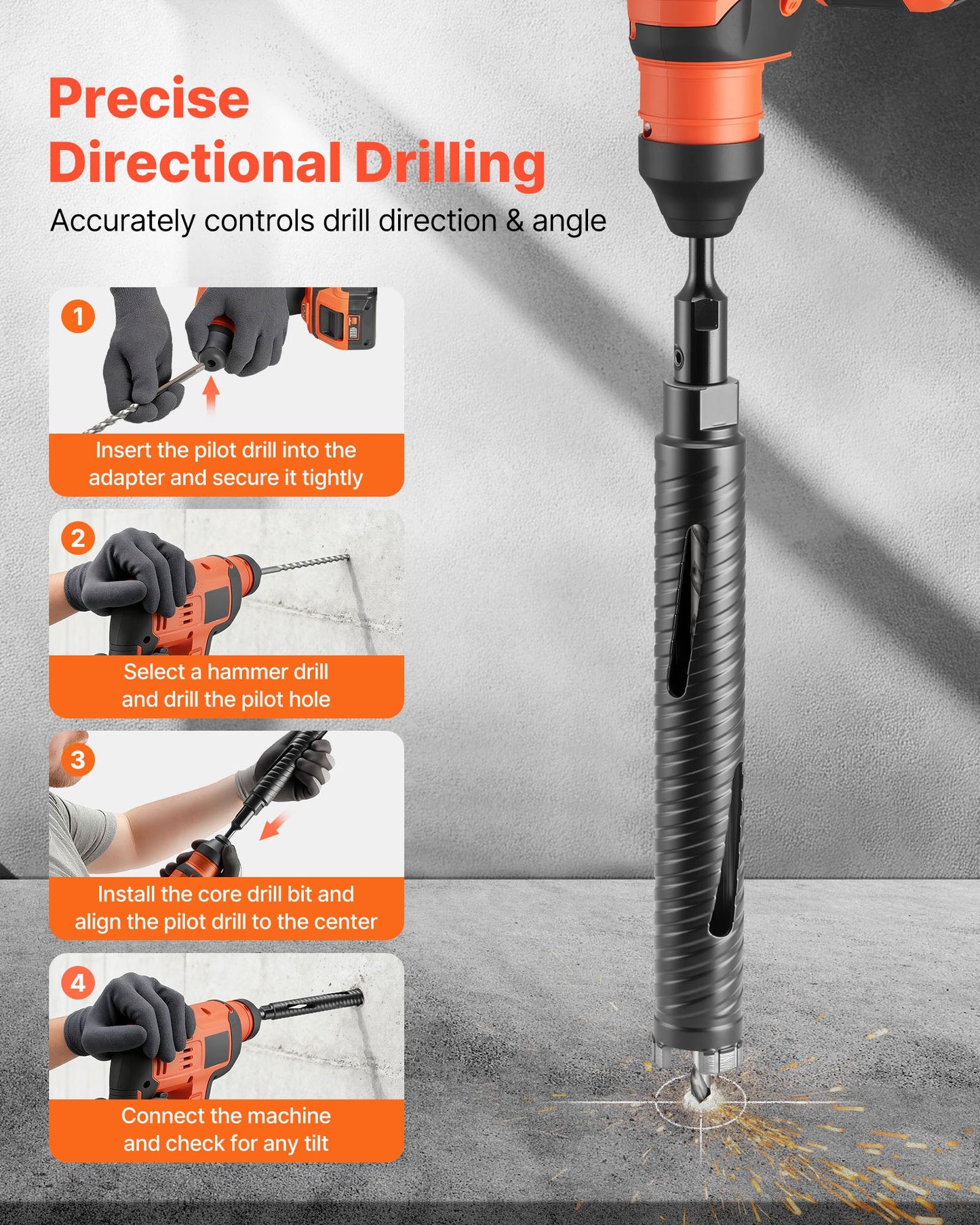 Core Drill Bit, 38 mm Diameter, 241 mm Drilling Depth, M16 Internal Thread, Diamond Dry Coring Bit with 3 Adapters, Pilot Drill and Hex Wrench, for Reinforced Concrete, Red Bricks, and Masonry