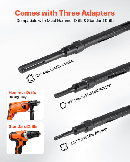 Core Drill Bit, 25 mm Diameter, 241 mm Drilling Depth, M16 Internal Thread, Diamond Dry Coring Bit with 3 Adapters, Pilot Drill and Hex Wrench, for Reinforced Concrete, Red Bricks, and Masonry