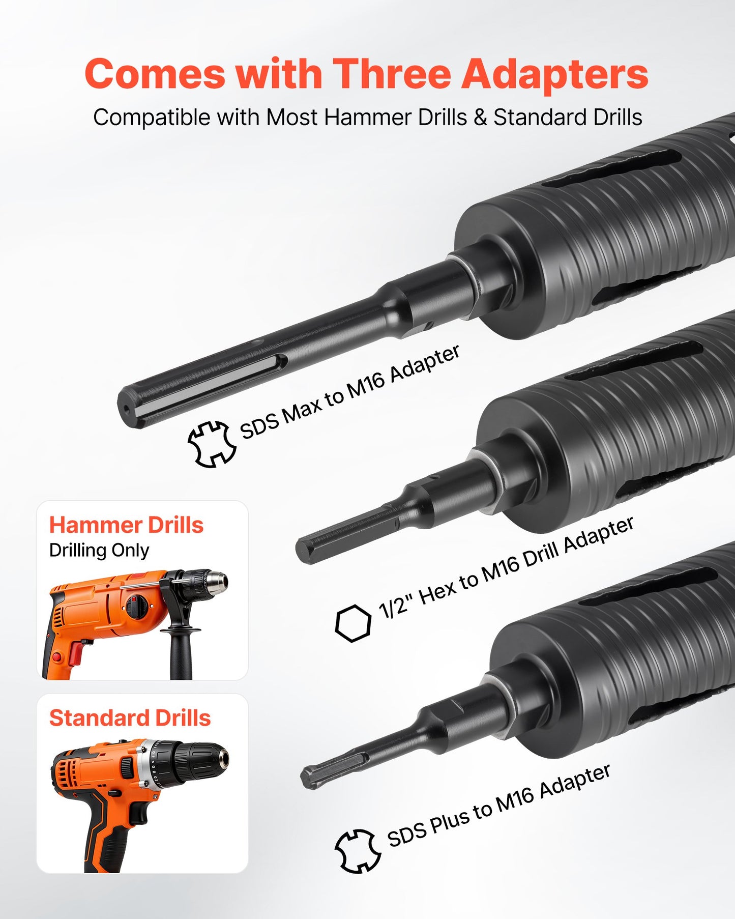 Core Drill Bit, 64 mm Diameter, 241 mm Drilling Depth, M16 Internal Thread, Diamond Dry Coring Bit with 3 Adapters, Pilot Drill and Hex Wrench, for Reinforced Concrete, Red Bricks, and Masonry