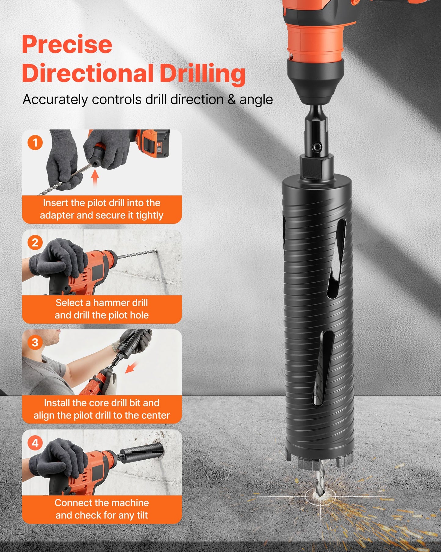 Core Drill Bit, 64 mm Diameter, 241 mm Drilling Depth, M16 Internal Thread, Diamond Dry Coring Bit with 3 Adapters, Pilot Drill and Hex Wrench, for Reinforced Concrete, Red Bricks, and Masonry