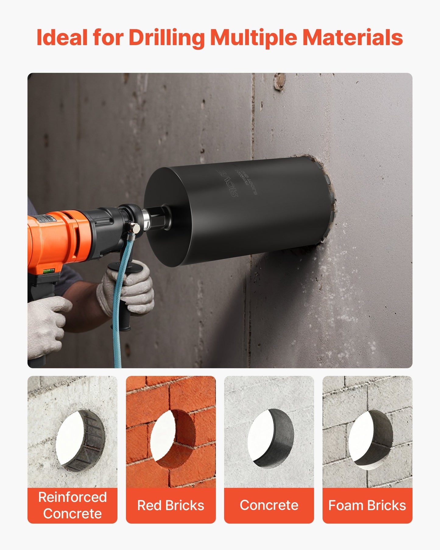 Core Drill Bit, 203 mm Diameter, 356 mm Drilling Depth, 1-1/4 in-7 Internal Thread, High-Precision Welding Technology, Wet Diamond Core Bit for Reinforced Concrete, Red Bricks, and Masonry