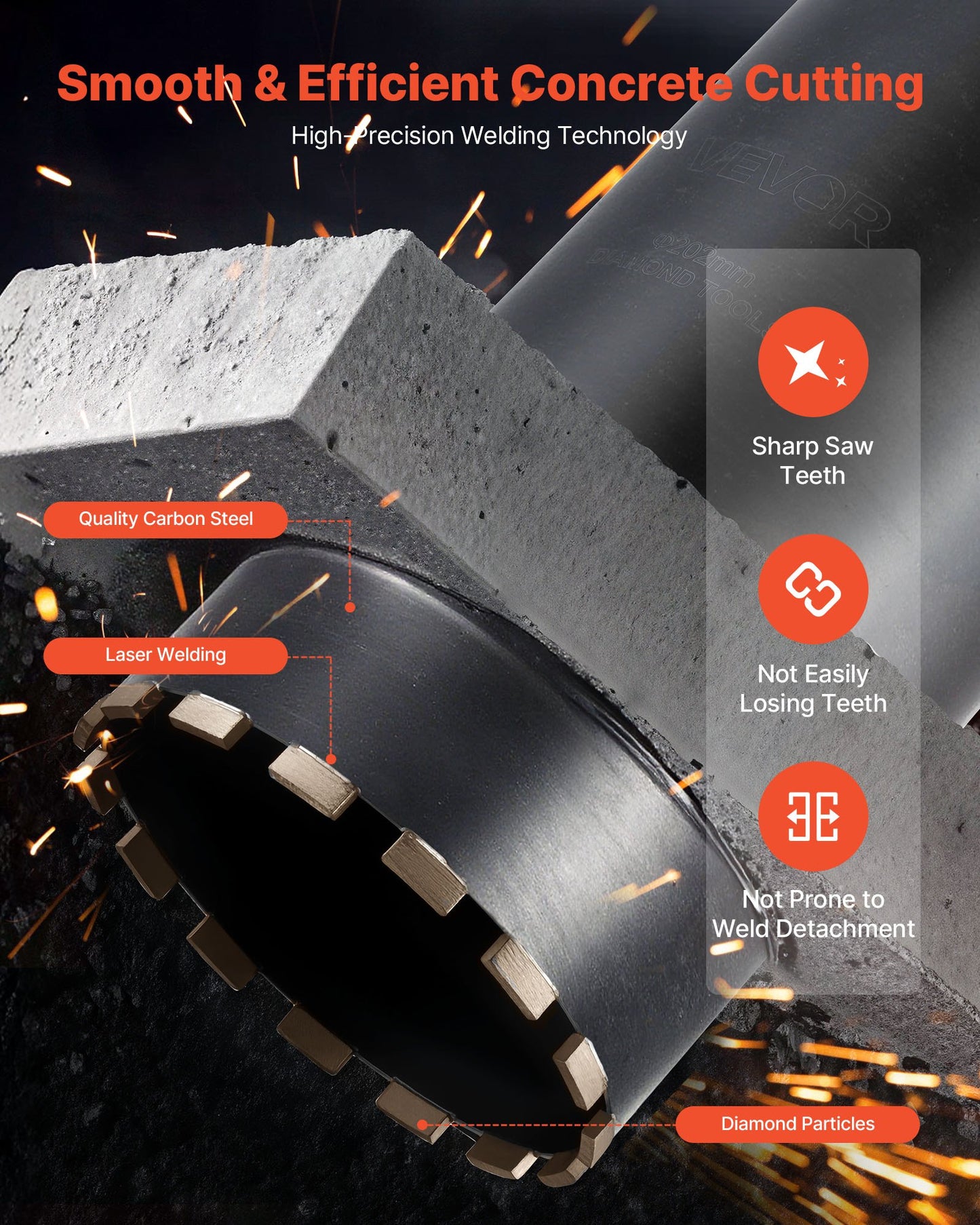 Core Drill Bit, 203 mm Diameter, 356 mm Drilling Depth, 1-1/4 in-7 Internal Thread, High-Precision Welding Technology, Wet Diamond Core Bit for Reinforced Concrete, Red Bricks, and Masonry