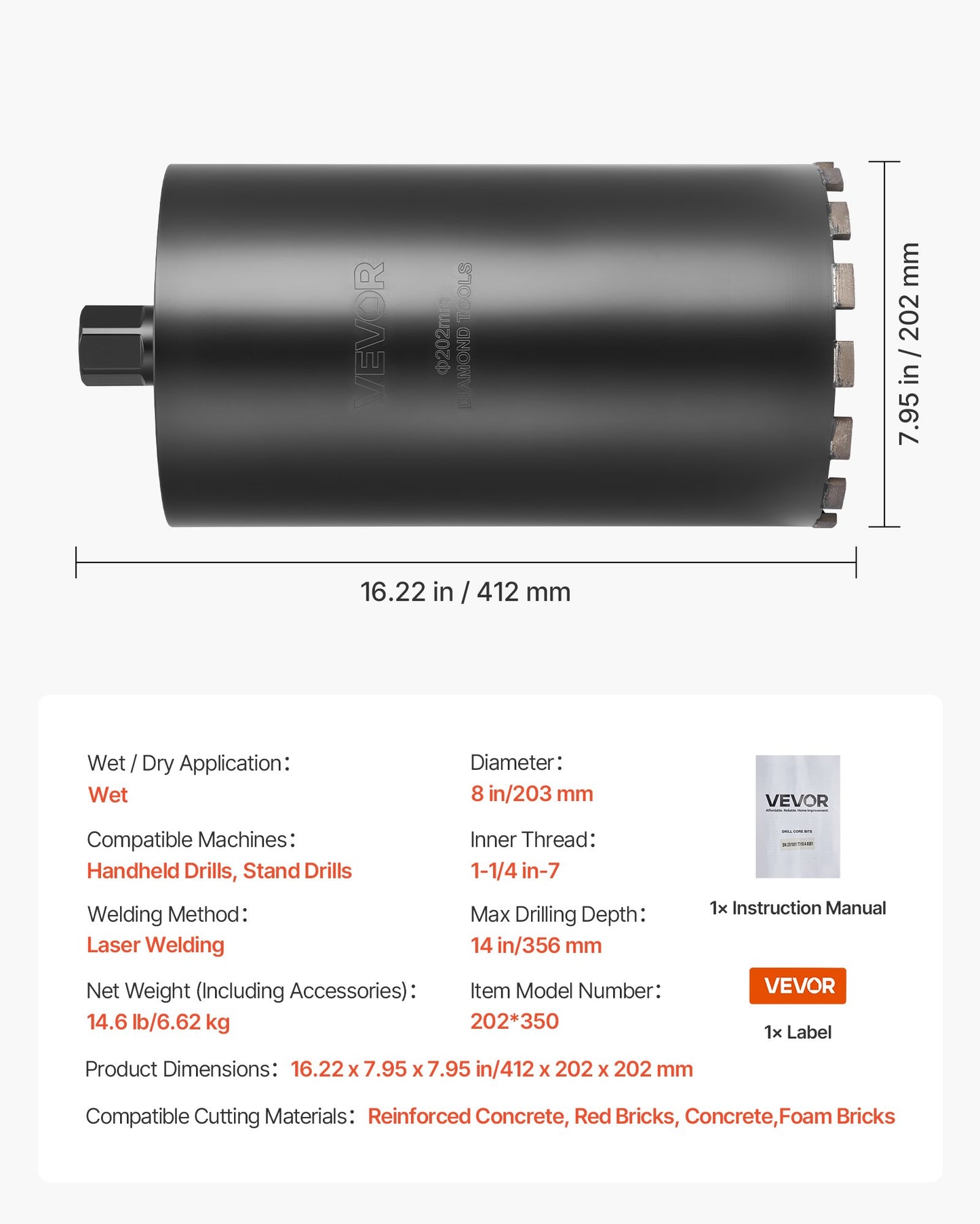Core Drill Bit, 203 mm Diameter, 356 mm Drilling Depth, 1-1/4 in-7 Internal Thread, High-Precision Welding Technology, Wet Diamond Core Bit for Reinforced Concrete, Red Bricks, and Masonry