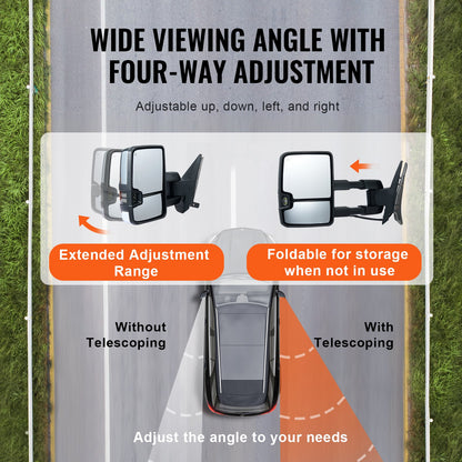 Towing Mirrors, Left & Right Pair Set for Chevrolet Silverado (2003-2007)/GMC/Cadillac, Power Heated Tow Mirror with Signal Light, Manual Controlling Telescoping Folding, Heating Defrost, Silver