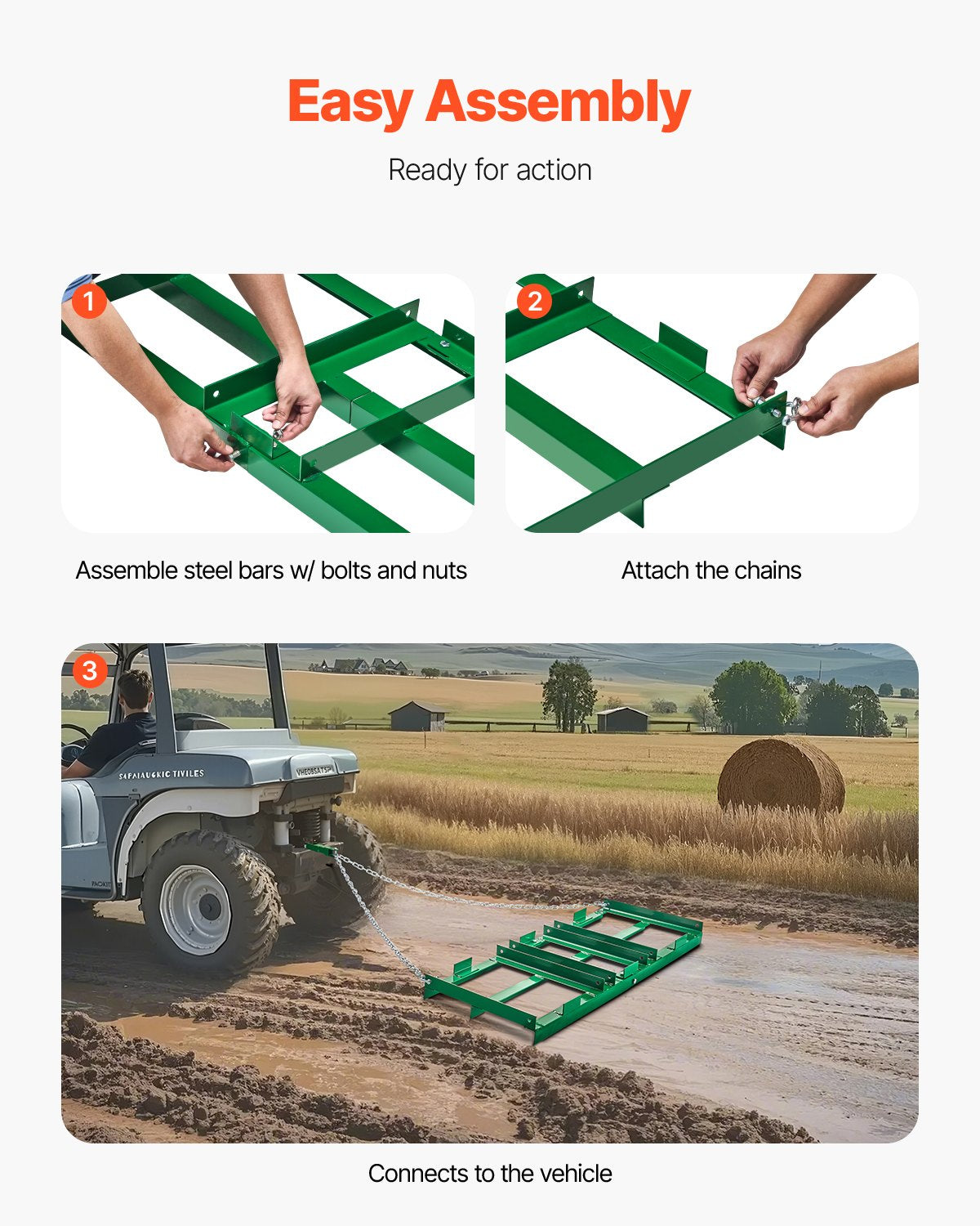 Dragharv, 1,2 meter kraftig bogserad bakomliggande dragharv med justerbara stänger och 72 tums kedja, uppfartshyvel, landskapsräfsa för ATV, UTV, traktor, gräsklippare, bogsera bakom gården, gräsmatta nivelleringsverktyg