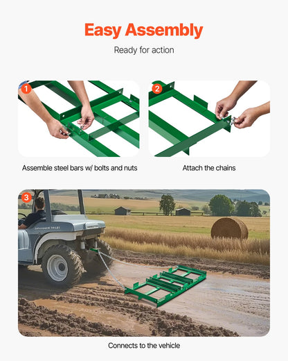 Dragharv, 1,2 meter kraftig bogserad bakomliggande dragharv med justerbara stänger och 72 tums kedja, uppfartshyvel, landskapsräfsa för ATV, UTV, traktor, gräsklippare, bogsera bakom gården, gräsmatta nivelleringsverktyg