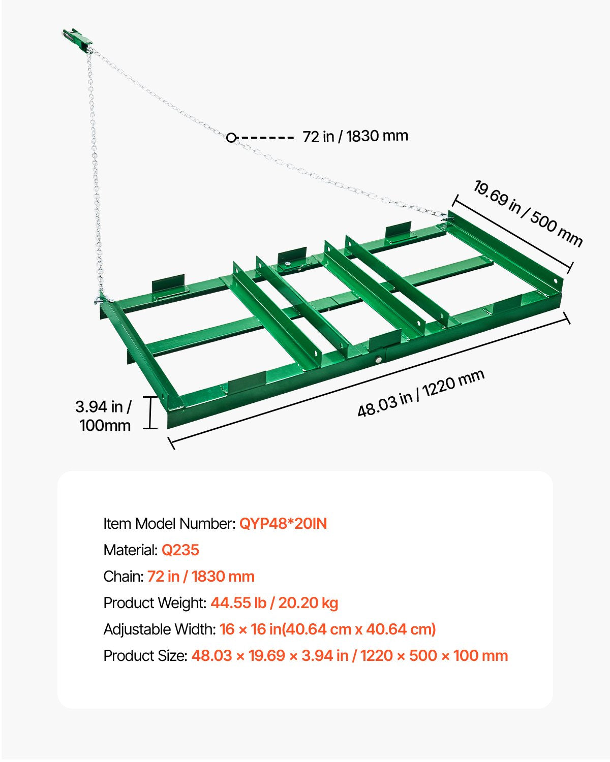 Dragharv, 1,2 meter kraftig bogserad bakomliggande dragharv med justerbara stänger och 72 tums kedja, uppfartshyvel, landskapsräfsa för ATV, UTV, traktor, gräsklippare, bogsera bakom gården, gräsmatta nivelleringsverktyg