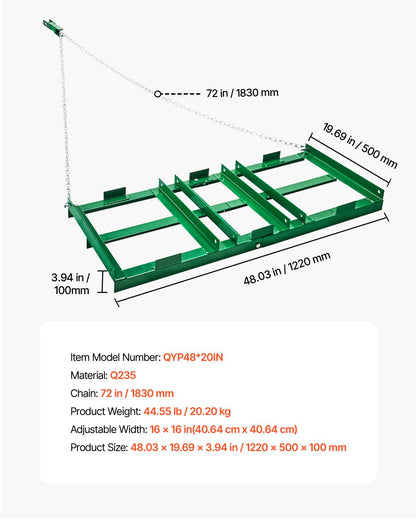 Dragharv, 1,2 meter kraftig bogserad bakomliggande dragharv med justerbara stänger och 72 tums kedja, uppfartshyvel, landskapsräfsa för ATV, UTV, traktor, gräsklippare, bogsera bakom gården, gräsmatta nivelleringsverktyg