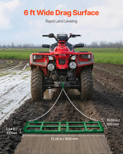 Drag Harrow, 6 ft Heavy Duty Tow Behind Drag Harrow with Adjustable Bars & 72 in Chain, Driveway Grader Landscape Rake for ATV, UTV, Tractor, Mower Tow Behind Yard Lawn Leveling Tool