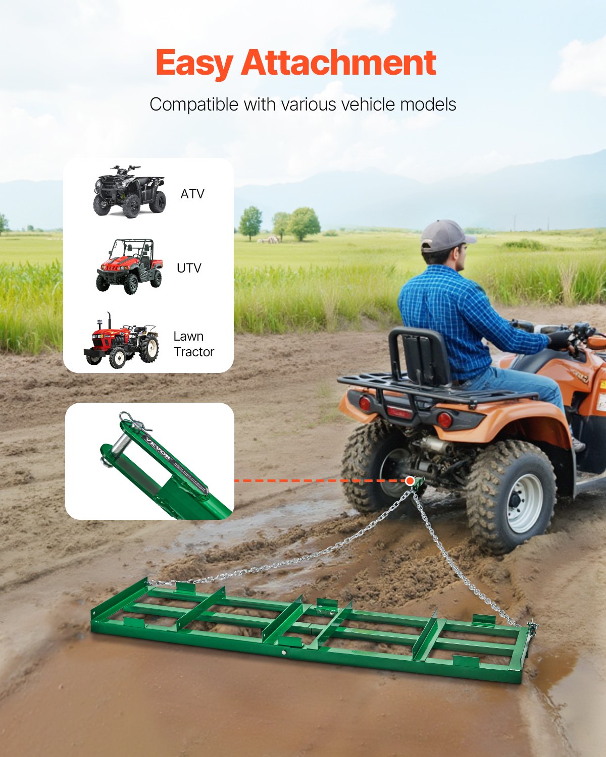 Drag Harrow, 6 ft Heavy Duty Tow Behind Drag Harrow with Adjustable Bars & 72 in Chain, Driveway Grader Landscape Rake for ATV, UTV, Tractor, Mower Tow Behind Yard Lawn Leveling Tool
