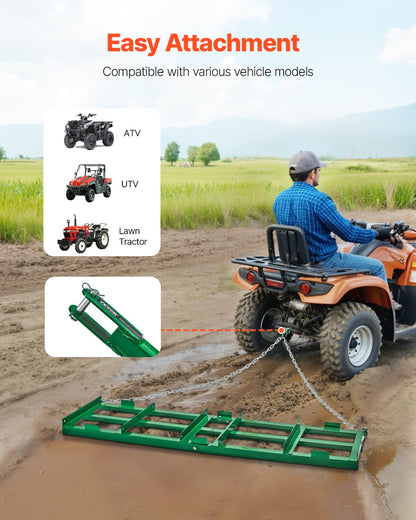 Drag Harrow, 6 ft Heavy Duty Tow Behind Drag Harrow with Adjustable Bars & 72 in Chain, Driveway Grader Landscape Rake for ATV, UTV, Tractor, Mower Tow Behind Yard Lawn Leveling Tool