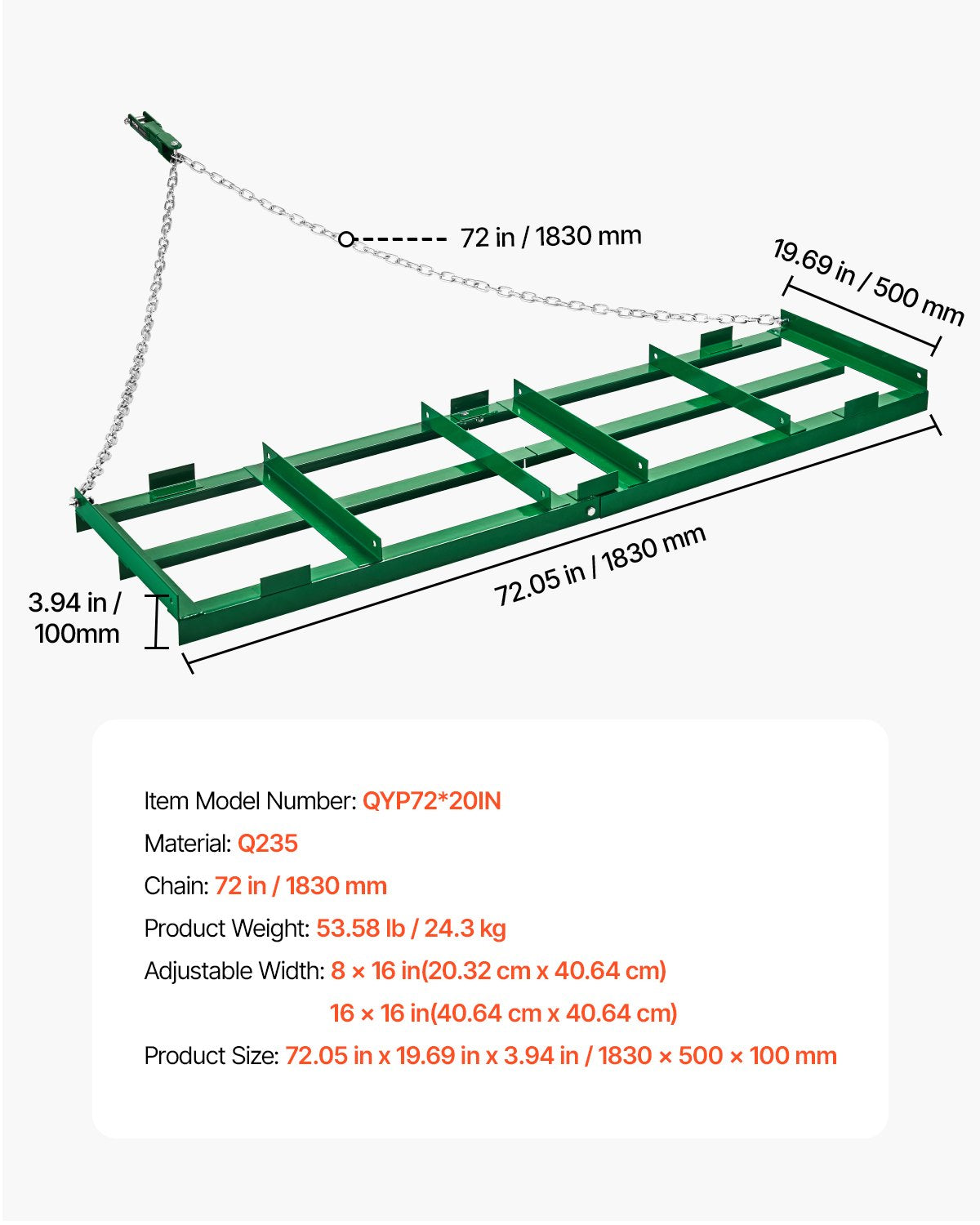 Drag Harrow, 6 ft Heavy Duty Tow Behind Drag Harrow with Adjustable Bars & 72 in Chain, Driveway Grader Landscape Rake for ATV, UTV, Tractor, Mower Tow Behind Yard Lawn Leveling Tool