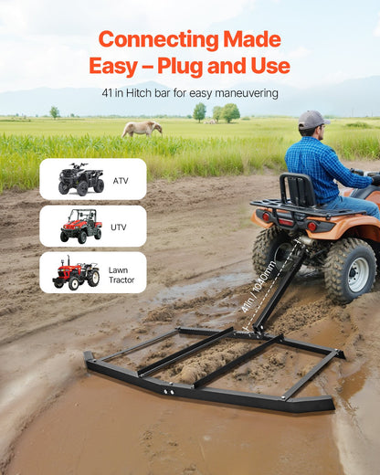 Dragharv, 72" bred bogsering bakom dragharv, Q235 stålväghyvel för uppfart med sprintliknande dragkrok, uppfartstraktor grusjämn uppfartväghyvel för ATV, UTV, trädgårdstraktorer