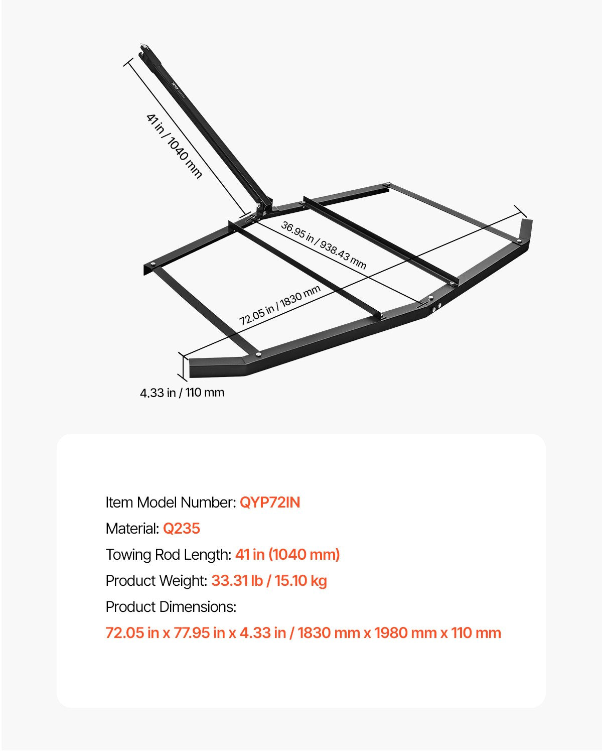 Dragharv, 72" bred bogsering bakom dragharv, Q235 stålväghyvel för uppfart med sprintliknande dragkrok, uppfartstraktor grusjämn uppfartväghyvel för ATV, UTV, trädgårdstraktorer