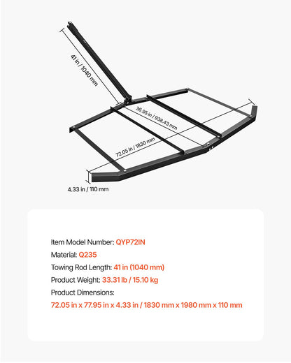 Dragharv, 72" bred bogsering bakom dragharv, Q235 stålväghyvel för uppfart med sprintliknande dragkrok, uppfartstraktor grusjämn uppfartväghyvel för ATV, UTV, trädgårdstraktorer