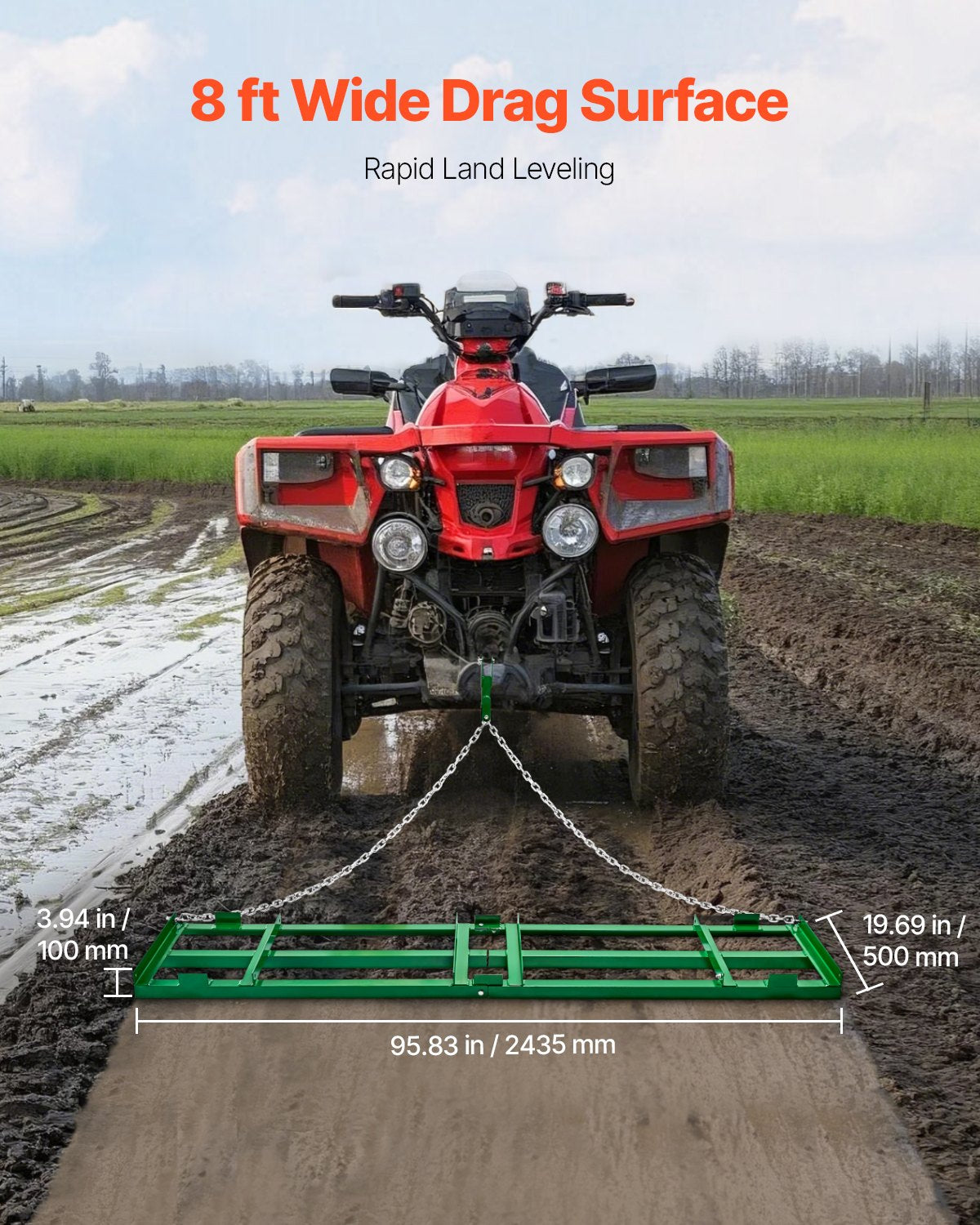 Dragharv, 8 fot kraftig bogserad bakom dragharv med justerbara stänger och 72 tums kedja, uppfartshyvel landskapsräfsa för ATV, UTV, traktor, gräsklippare bogserad bakom gården gräsmatta nivelleringsverktyg