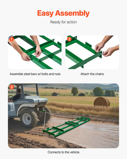 Dragharv, 8 fot kraftig bogserad bakom dragharv med justerbara stänger och 72 tums kedja, uppfartshyvel landskapsräfsa för ATV, UTV, traktor, gräsklippare bogserad bakom gården gräsmatta nivelleringsverktyg