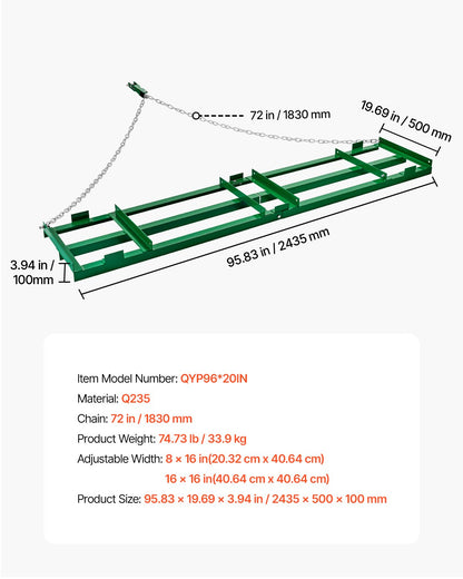 Dragharv, 8 fot kraftig bogserad bakom dragharv med justerbara stänger och 72 tums kedja, uppfartshyvel landskapsräfsa för ATV, UTV, traktor, gräsklippare bogserad bakom gården gräsmatta nivelleringsverktyg