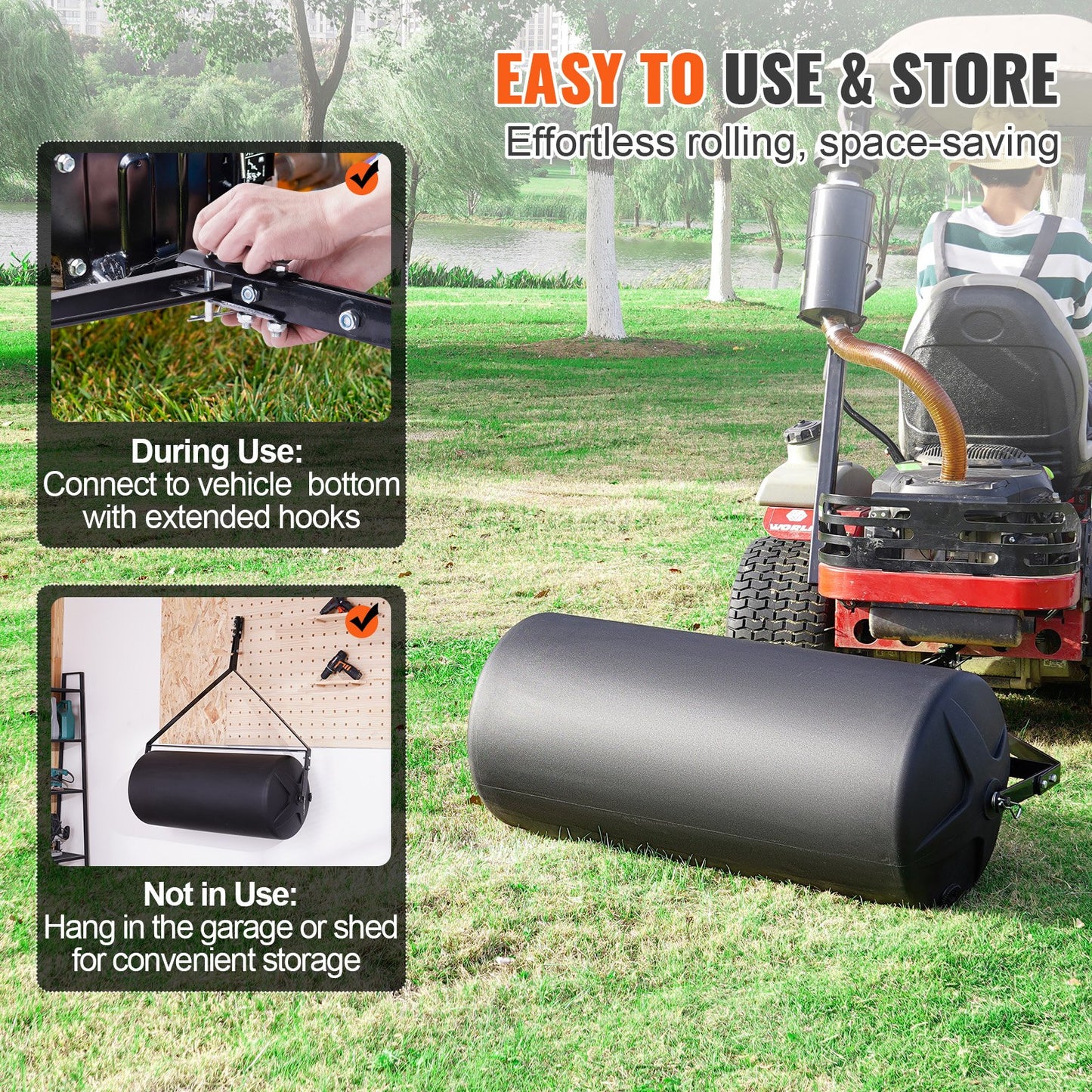 Tow Behind Lawn Roller, 400lbs Sand/Water Filled Yard Roller, LLDPE Drum and Steel Frame Sod Roller with Easy-turn Plug, Tow Behind a Tractor or ATV for Lawn, Garden, Farm, Park, Black