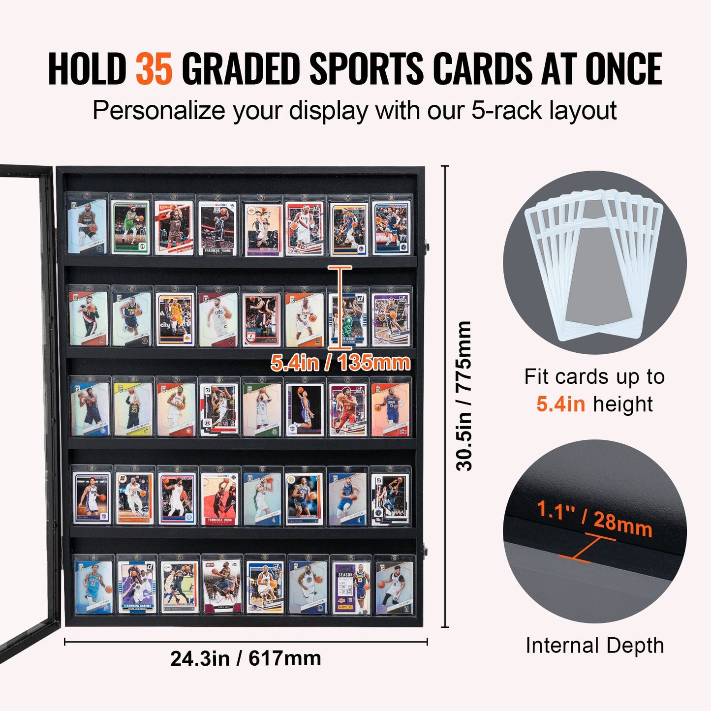 35 Graded Sports Card Display Case, 24.3x30.5x2.1 in/61.7x77.5x5.3 cm, Baseball Card Display Frame with 98% UV Protection Clear View PC Glass, Lockable Wall Cabinet for Football Basketball Hockey Trading Card