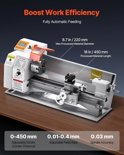 Metal Lathe Machine, 220 x 450 mm(8.7 x 18 in), Precision Bench Power Metal Lathe, Automatic Feed, 0-2500 RPM Variable Speed, 1250W Brushless Motor, for Processing Precision Parts Soft Metals Wood Plastics