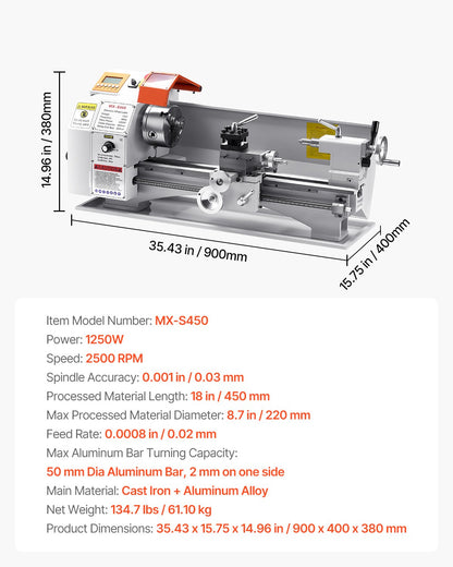 Metal Lathe Machine, 220 x 450 mm(8.7 x 18 in), Precision Bench Power Metal Lathe, Automatic Feed, 0-2500 RPM Variable Speed, 1250W Brushless Motor, for Processing Precision Parts Soft Metals Wood Plastics