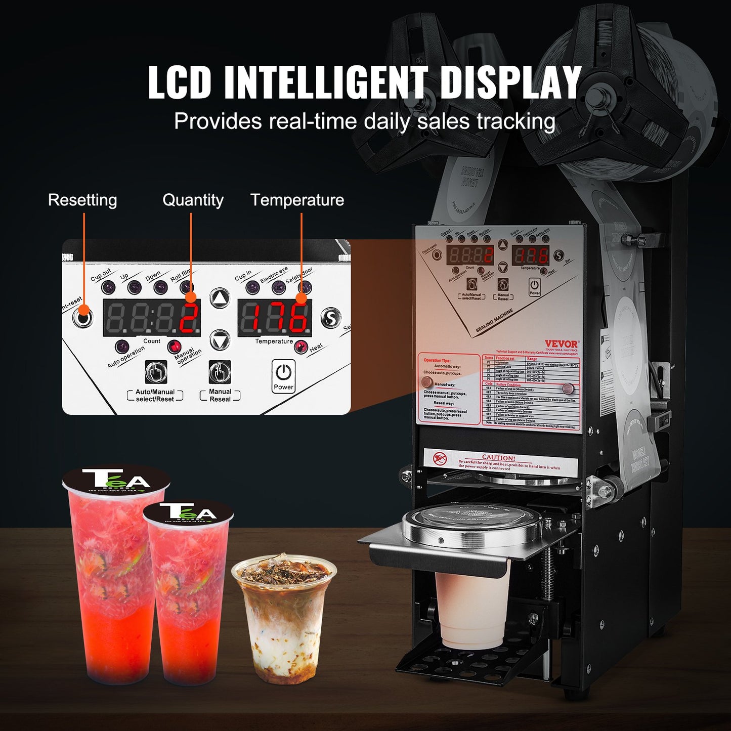Fully Automatic Cup Sealing Machine, 500-650 Cups/H, Cup Sealer Machine for 180 mm Tall & 90/95 mm Cup, Electric Boba Tea Sealer with Digital Control LCD Panel for Bubble Milk Tea Coffee, Black