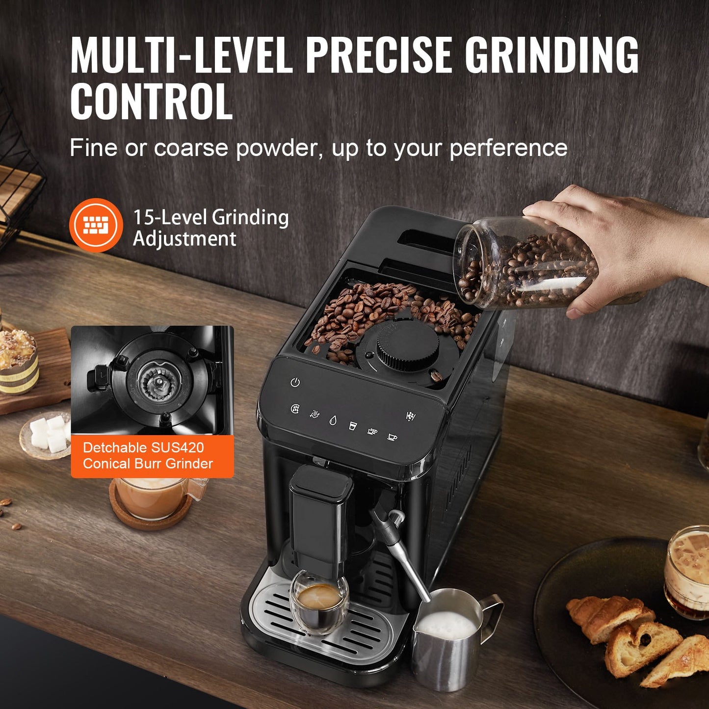 Automatisk espressomaskin, 20 bar automatisk kaffemaskin med ångskummare, inbyggd kvarn och 15 malningsnivåer, professionell espressomaskin med 1,5 liters vattentank