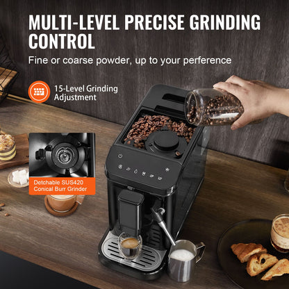 Automatisk espressomaskin, 20 bar automatisk kaffemaskin med ångskummare, inbyggd kvarn och 15 malningsnivåer, professionell espressomaskin med 1,5 liters vattentank