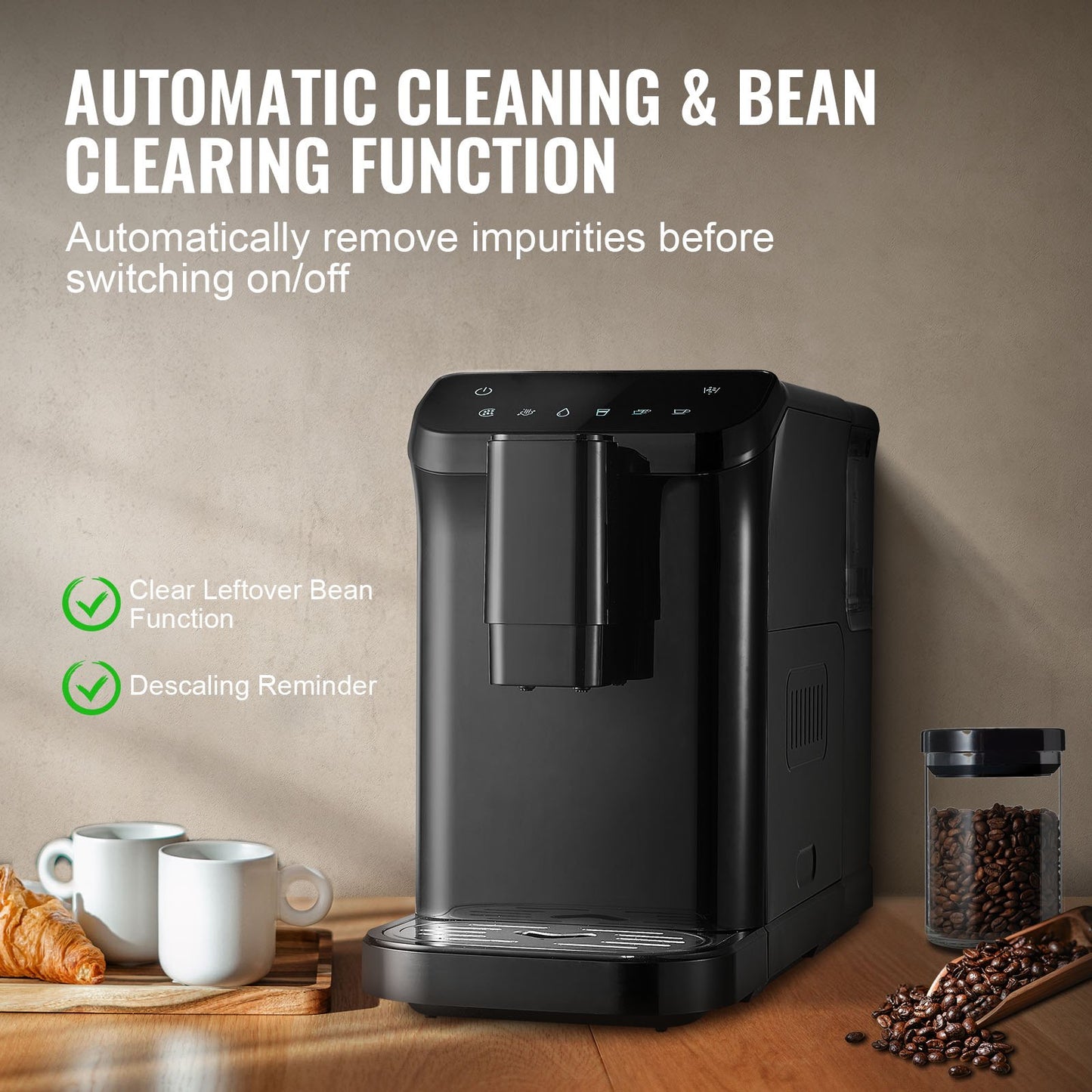 Automatic Espresso Machine - Built-In Grinder, 15 Bar Auto Coffee Machine with 15-Level Grinding Settings, Professional Espresso Coffee Maker with 1.5L Water Tank and 180g Bean Hopper