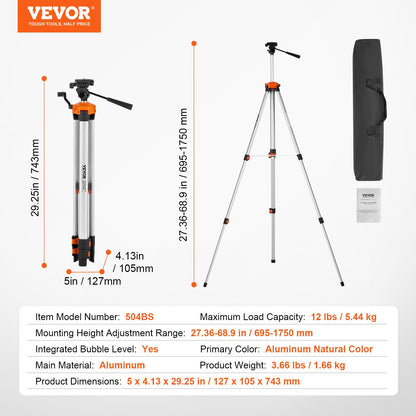Laser Level Tripod, ¼ x 20 Thread Mount, 27.36-68.11 inch Height Adjustment with Integrated Level Bubble Lightweight Laser Scanner Stand, Retractable Legs Aluminum Tripod for Stable Measurement