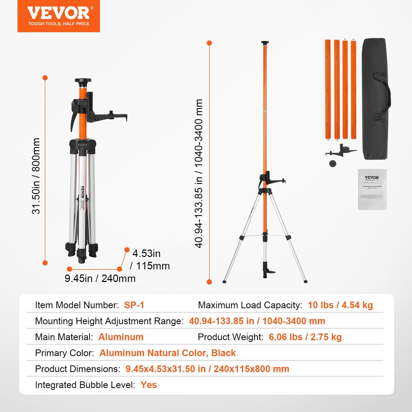 Laser Level Tripod 10.2 cm-20 & 20.3 cm-11 Thread 1040-3400 mm Height Adjust