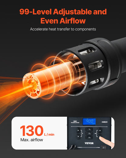 Varmluftsstation, 1000W digital SMD-omarbetningsstation, 212℉-896℉ varmluftspistol med 99-nivå justerbart luftflöde, 3 förinställda kanaler och 3 varmluftsmunstycken för chipdemontering, elektronikreparation