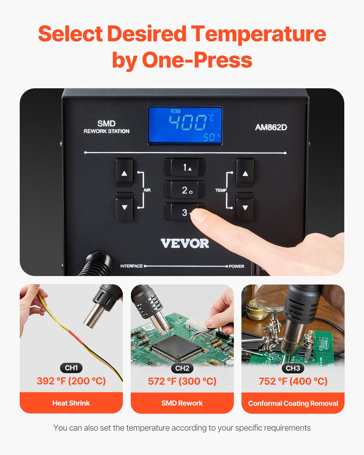 Varmluftsstation, 1000W digital SMD-omarbetningsstation, 212℉-896℉ varmluftspistol med 99-nivå justerbart luftflöde, 3 förinställda kanaler och 3 varmluftsmunstycken för chipdemontering, elektronikreparation