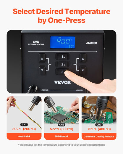 Varmluftsstation, 1000W digital SMD-omarbetningsstation, 212℉-896℉ varmluftspistol med 99-nivå justerbart luftflöde, 3 förinställda kanaler och 3 varmluftsmunstycken för chipdemontering, elektronikreparation