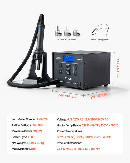 Varmluftsstation, 1000W digital SMD-omarbetningsstation, 212℉-896℉ varmluftspistol med 99-nivå justerbart luftflöde, 3 förinställda kanaler och 3 varmluftsmunstycken för chipdemontering, elektronikreparation