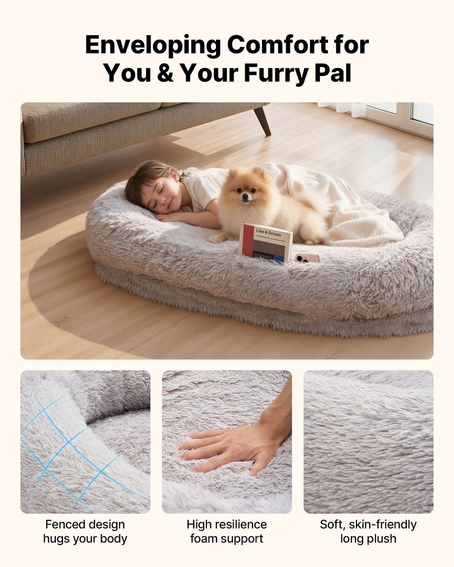 Human Dog Bed, 1320 x 860 x 240 mm Orthopedic Memory Foam Human Sized Dog Bed, Humans Pet Beds with Side Pocket, Handle & Zipper, Removable Machine-Washable Dogs Beds for Humans, Gray