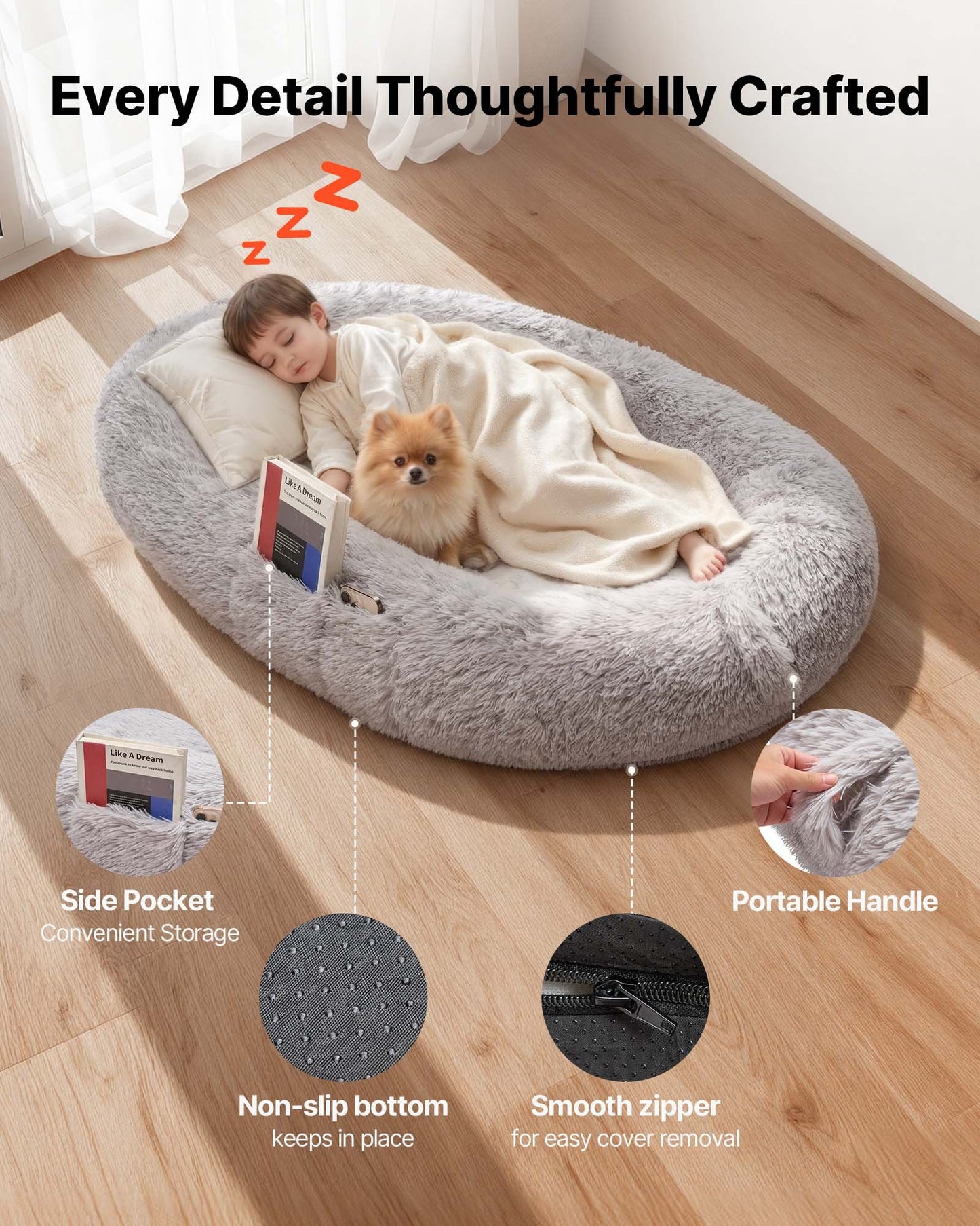 Human Dog Bed, 1320 x 860 x 240 mm Orthopedic Memory Foam Human Sized Dog Bed, Humans Pet Beds with Side Pocket, Handle & Zipper, Removable Machine-Washable Dogs Beds for Humans, Gray