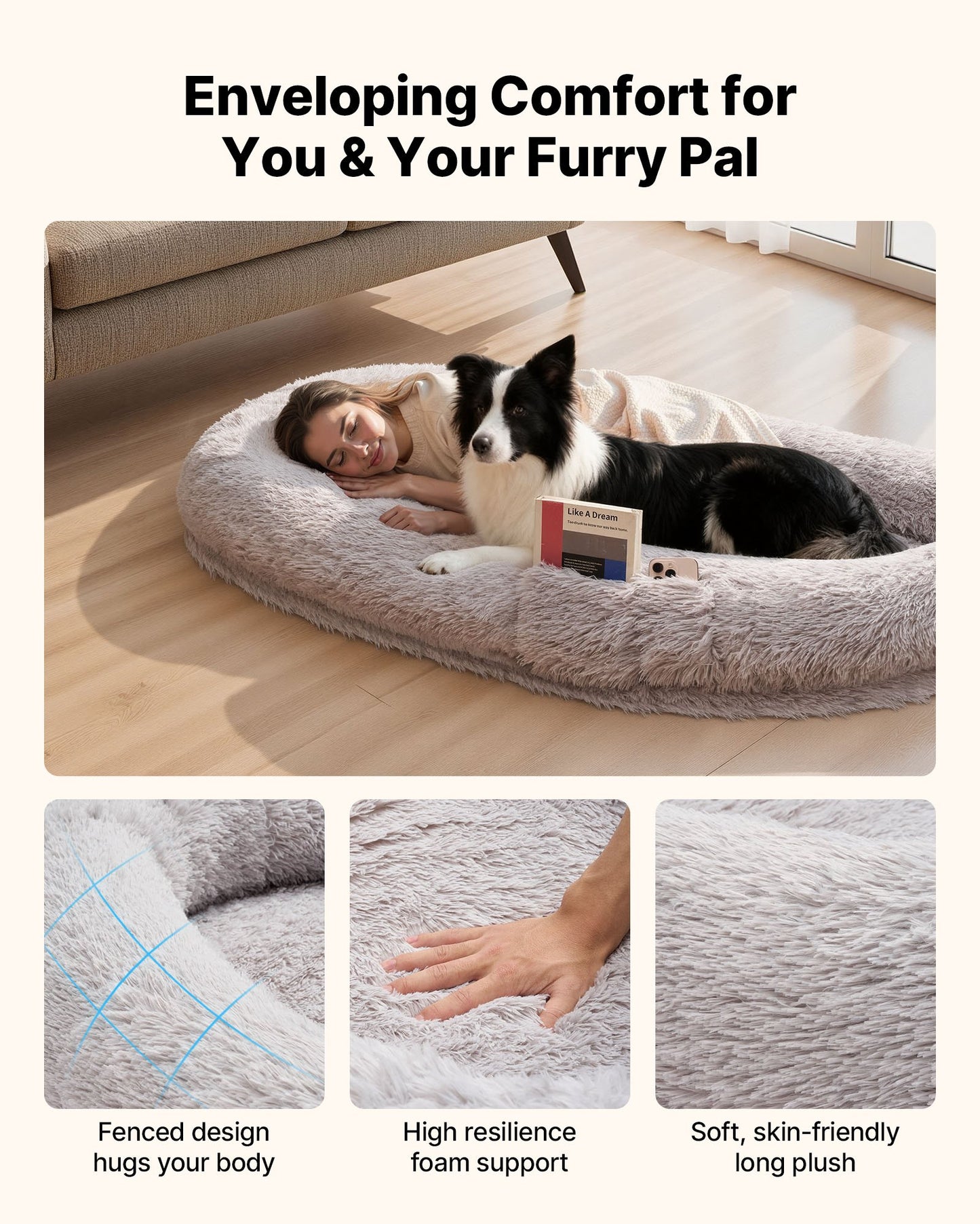 Human Dog Bed, 1710 x 1000 x 240 mm Orthopedic Memory Foam Human Sized Dog Bed, Humans Pet Beds with Side Pocket, Handle & Zipper, Removable Machine-Washable Dogs Beds for Humans, Gray