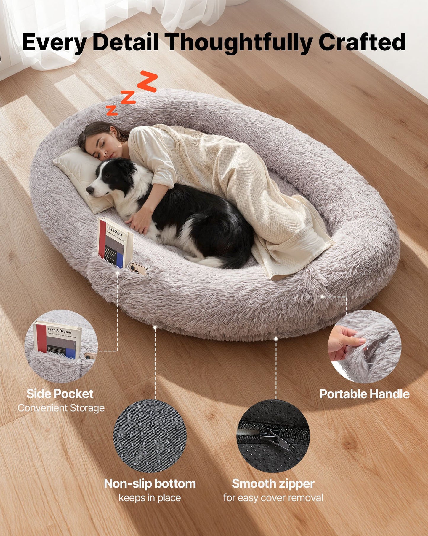 Human Dog Bed, 1710 x 1000 x 240 mm Orthopedic Memory Foam Human Sized Dog Bed, Humans Pet Beds with Side Pocket, Handle & Zipper, Removable Machine-Washable Dogs Beds for Humans, Gray