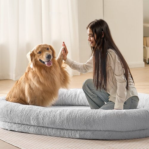Human Dog Bed, 72" x48"x10" Human Dog Bed for Adult, Human Size Dog Bed with Washable Faux Rabbit Fur Cover, Egg Orthopedic Foam, Storage Pocket, Large Dog Bean Bed, Light Grey