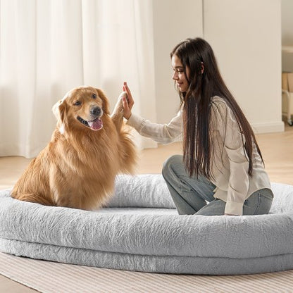 Human Dog Bed, 72" x48"x10" Human Dog Bed for Adult, Human Size Dog Bed with Washable Faux Rabbit Fur Cover, Egg Orthopedic Foam, Storage Pocket, Large Dog Bean Bed, Light Grey